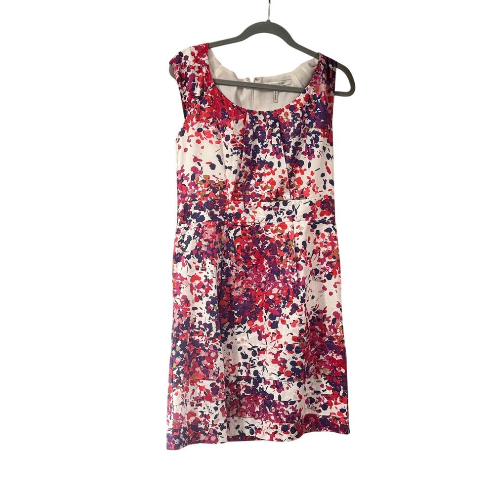 Max & Cleo Fit & Flare Dress Size 12 Pink Purple White Splatter Cotton Blend
